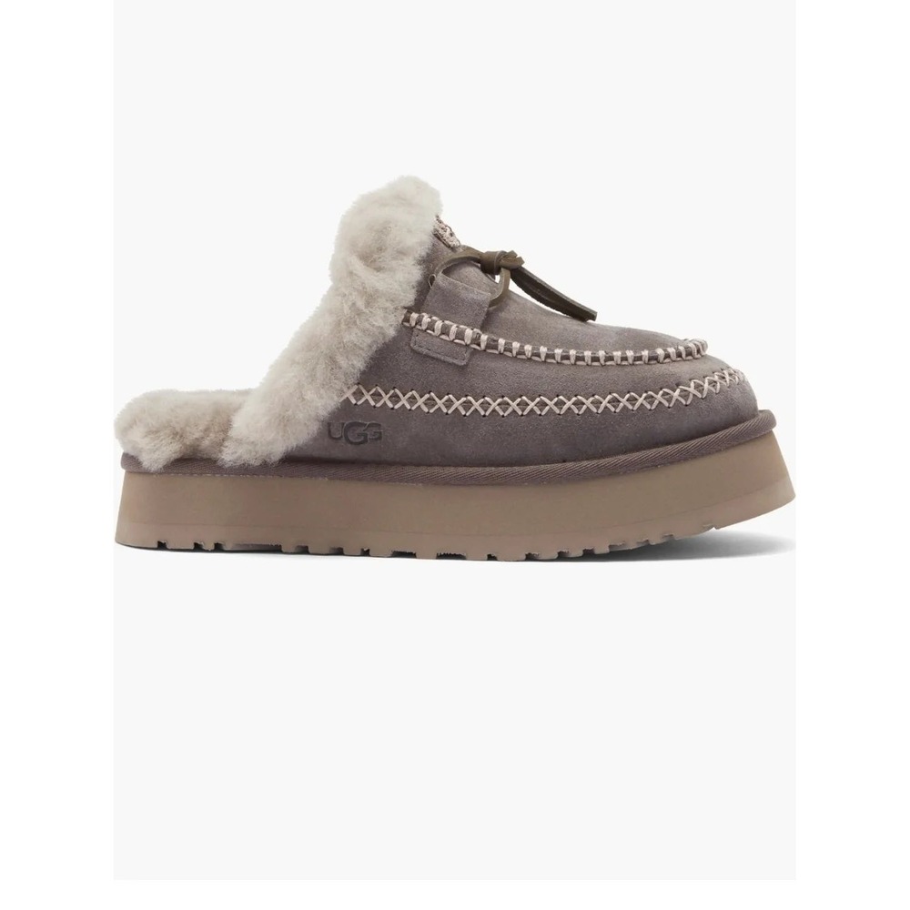 UGG Women's Disquette Alpine Platform Slippers 9 Grey Suede Tasman Braid 1122553
